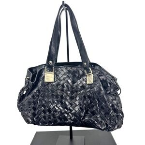 Michael Kors Black Woven Patent Leather Shoulder Bag Gold Hardware Tote Hobo